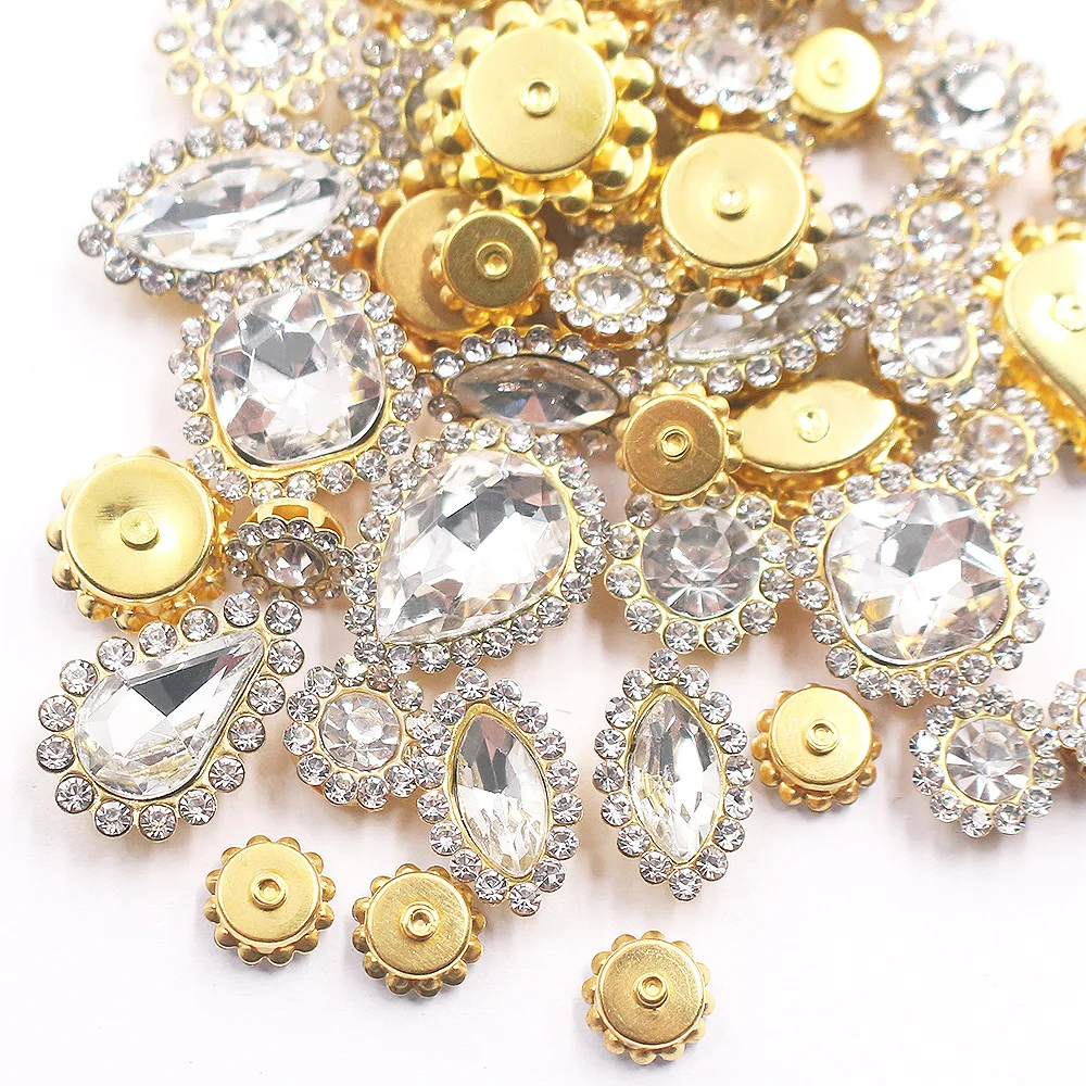 

30pcs Flower Claw Rhinestones Gold Flatback Shiny Crystals Stones Beads Sew On Rhinestones for Clothes Fabric Art Crafts Trim