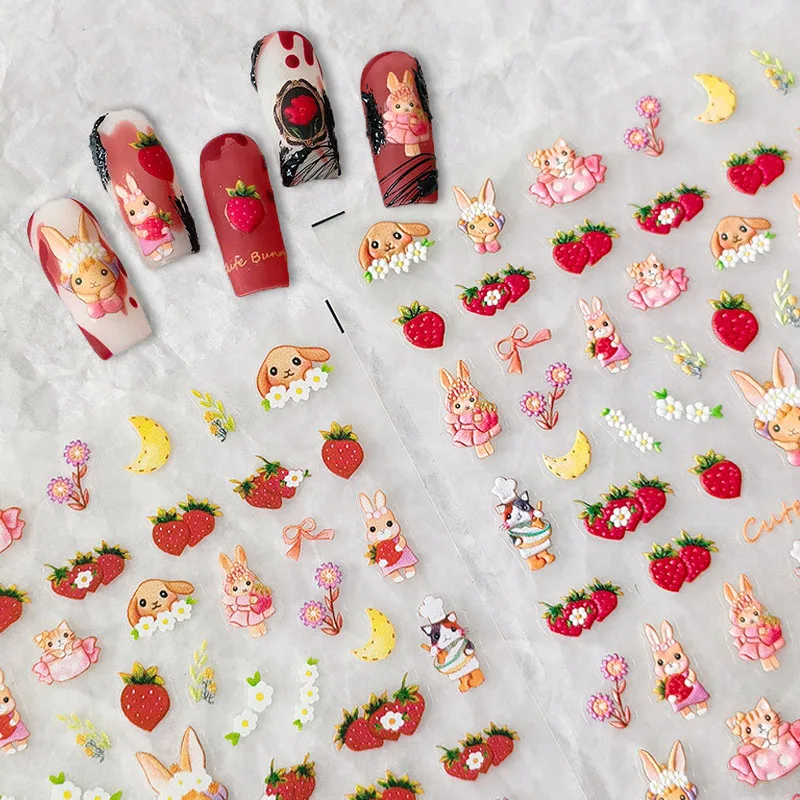 Милые Мультяшные Клубничный Кролик 5D рельефные самоклеящиеся наклейки для