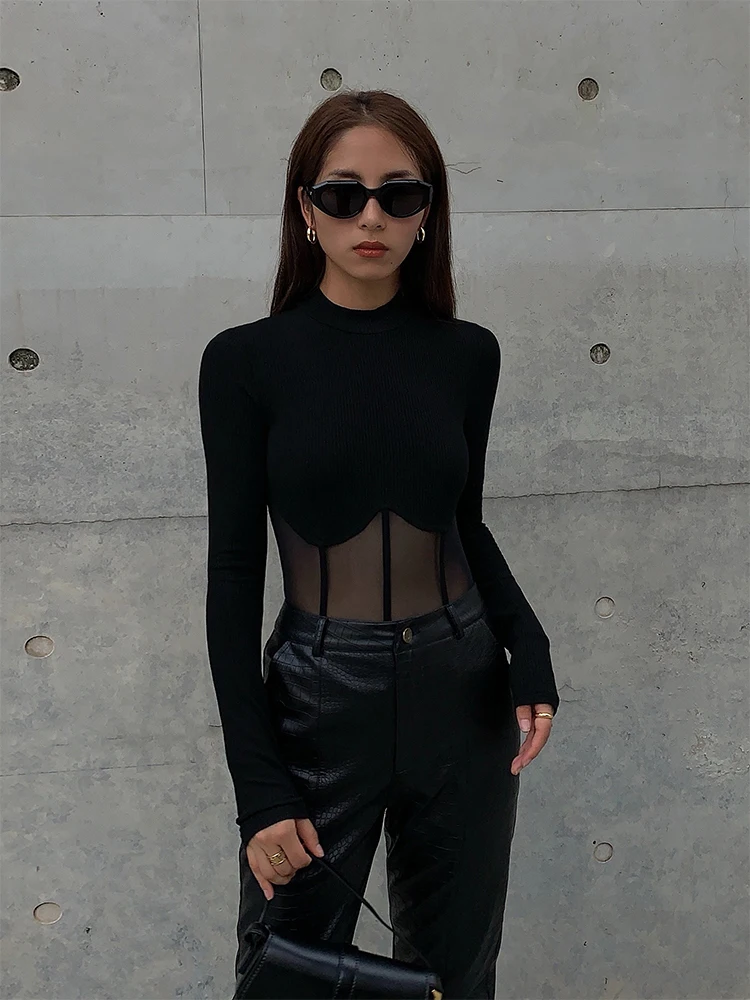 

Spring Women Y2k Long Sleeve Slim Top Design Sexy See Through Patchwork T Shirts Streetwear Clubwear Gyaru 2000s Aesthetic Kpop