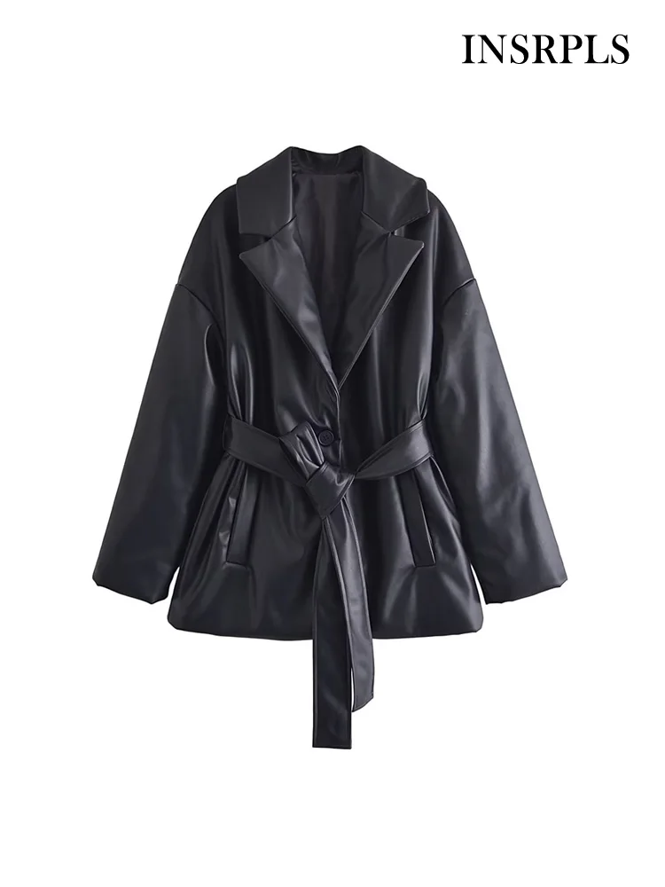 

INSRPLS Women Fashion With Belt Thick Warm Faux Leather Padded Jacket Coat Vintage Long Sleeve Side Pockets Female Outerwear