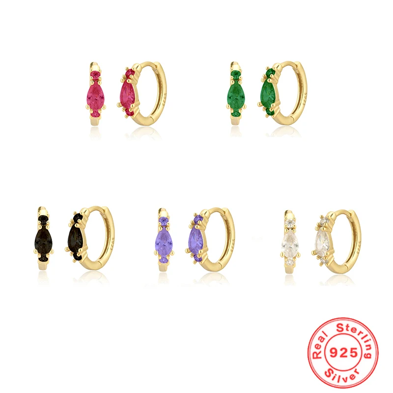 

925 Sterling Silver Water Drop Small Hoop Earrings for Women Black/ Purple /Rose Red Green Zircon Elegant Piercing Earrings