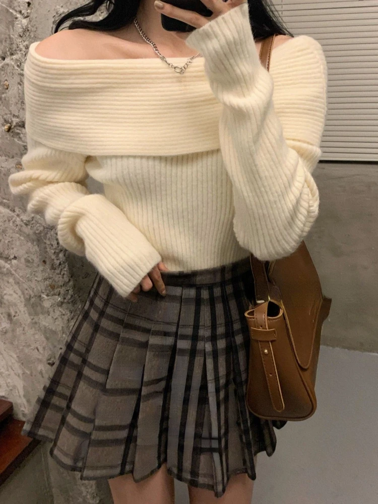 Off Shoulder Knitted Sweater Women Long Sleeve Elegant Pullovers Autumn 2022 Pure Color Fashion Sexy Y2k Clothing Tops Korean