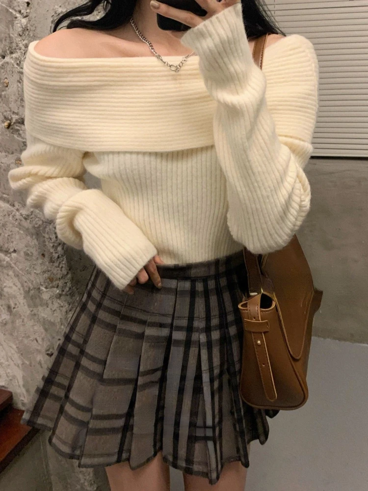 

Off Shoulder Knitted Sweater Women Long Sleeve Elegant Pullovers Autumn 2022 Pure Color Fashion Sexy Y2k Clothing Tops Korean