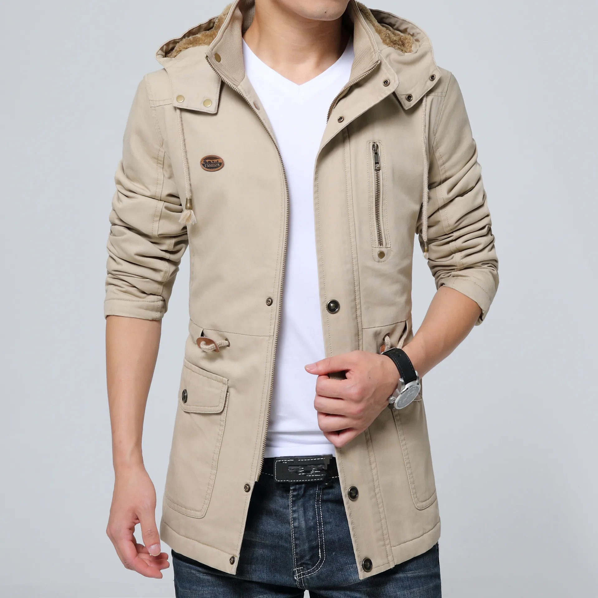 

Winter Thick Warm Trench Men Fleece Hooded Parka Mens Business Casual Windbreaker Fashion Long Outerwear Solid Color Trench Coat