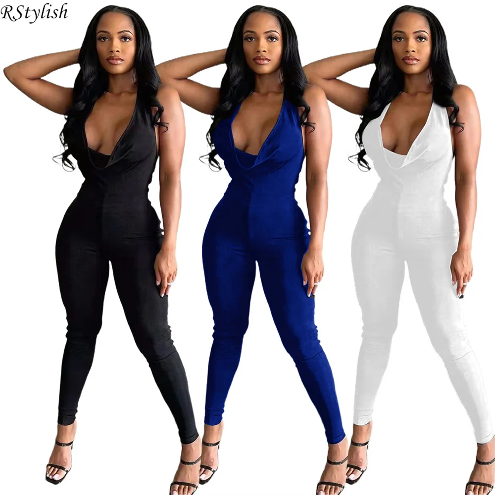 

RStylish Women Jumpsuits Halter V Neck Sleeveless Backless Bodycon Overalls One Piece Outfit 2022 Romper Summer Clothes