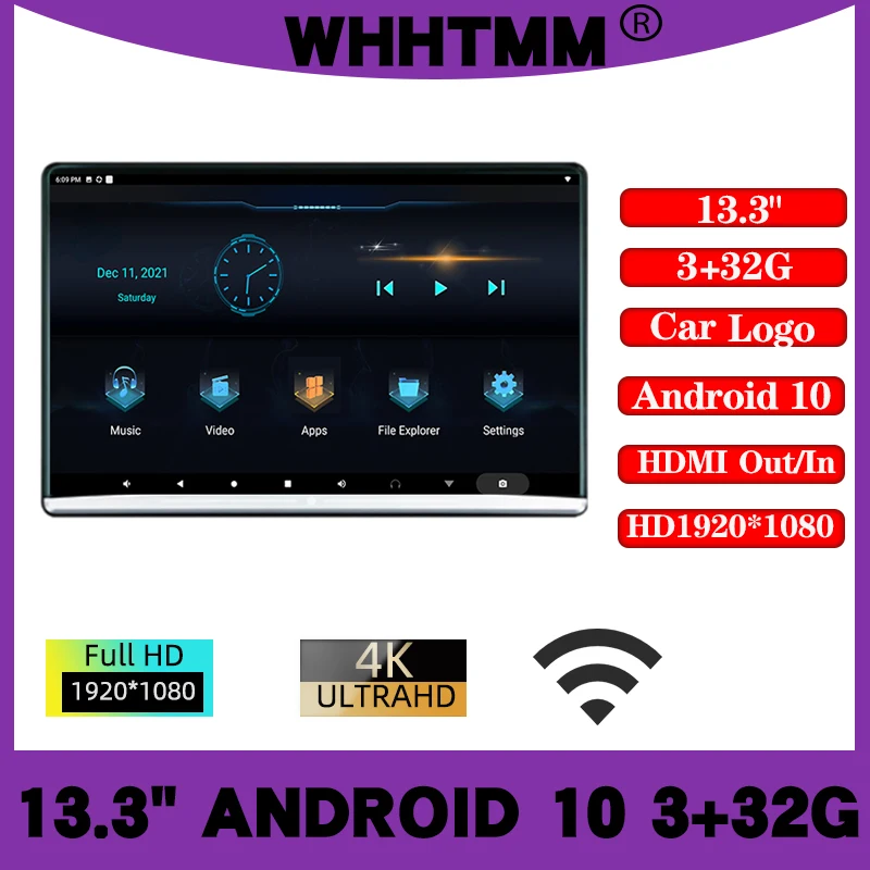 

13.3-inch Android 10 3GB + 32GB Headrest Monitors Rear Row Entertainment 4K Display Wifi/Bluetooth /USB/SD/HDMI/FM/ Mirror Link