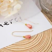 simulation tulip temperament earrings for women girl gold color alloy flower long drop dangle earrings statement wedding jewelry
