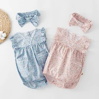 2022 summer new small floral baby jumpsuit flying sleeves baby romper romper to go out and send headscarf