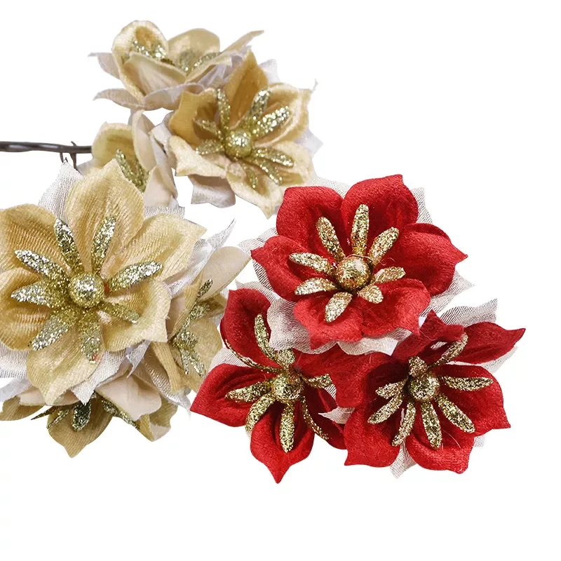 

Glitter Christmas Flower Golden Powder Artificial Flowers Christmas Decor For Home 2022 Xmas Tree Ornaments New Year Gift