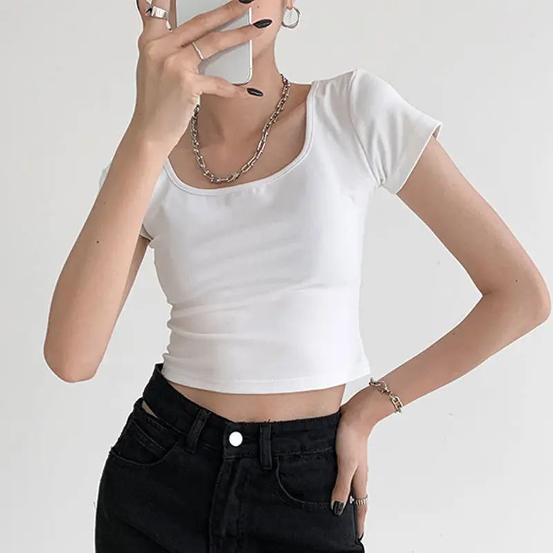 

New Sexy Solid Square Neck T Shirt Women Summer Short Sleeve Top Fashion Tank Tops Casual Tube Female Sleeveless Cropped Tee