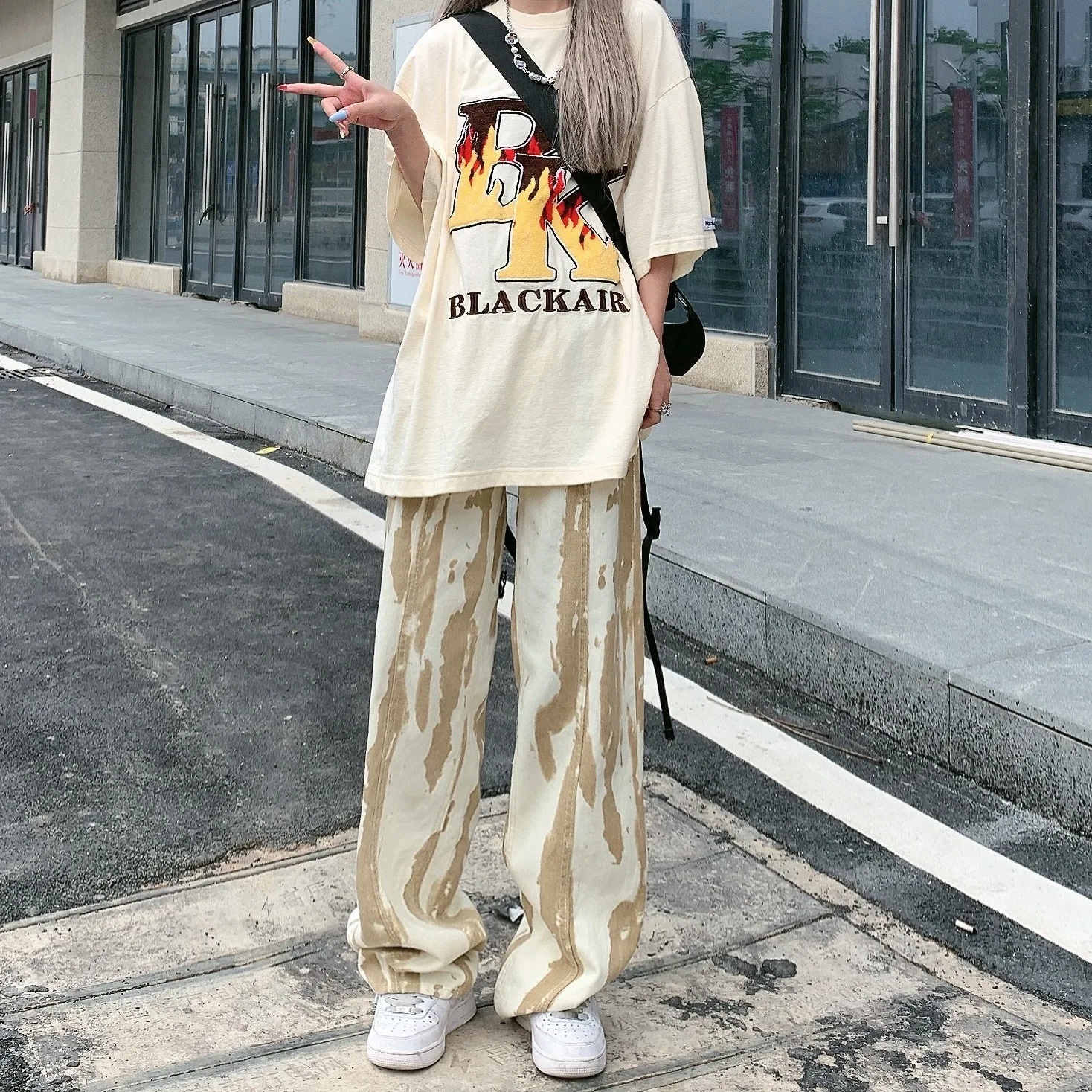 Tie-dye European and American Hot Girls Retro Jeans Female Small Wide Leg Straight Loose High Waist Mopping Pants Ins