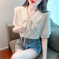 2022 summer new korean versatile doll collar short sleeve lace shirt blouse