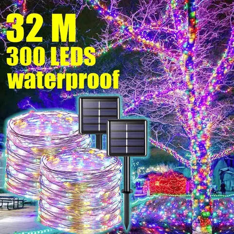 Новогодняя светодиодная уличная лампа на солнечной батарее, гирлянда для праздника, Рождества, вечеринки, садовый декор, 7 м, 12 м, 22 м, 32 м