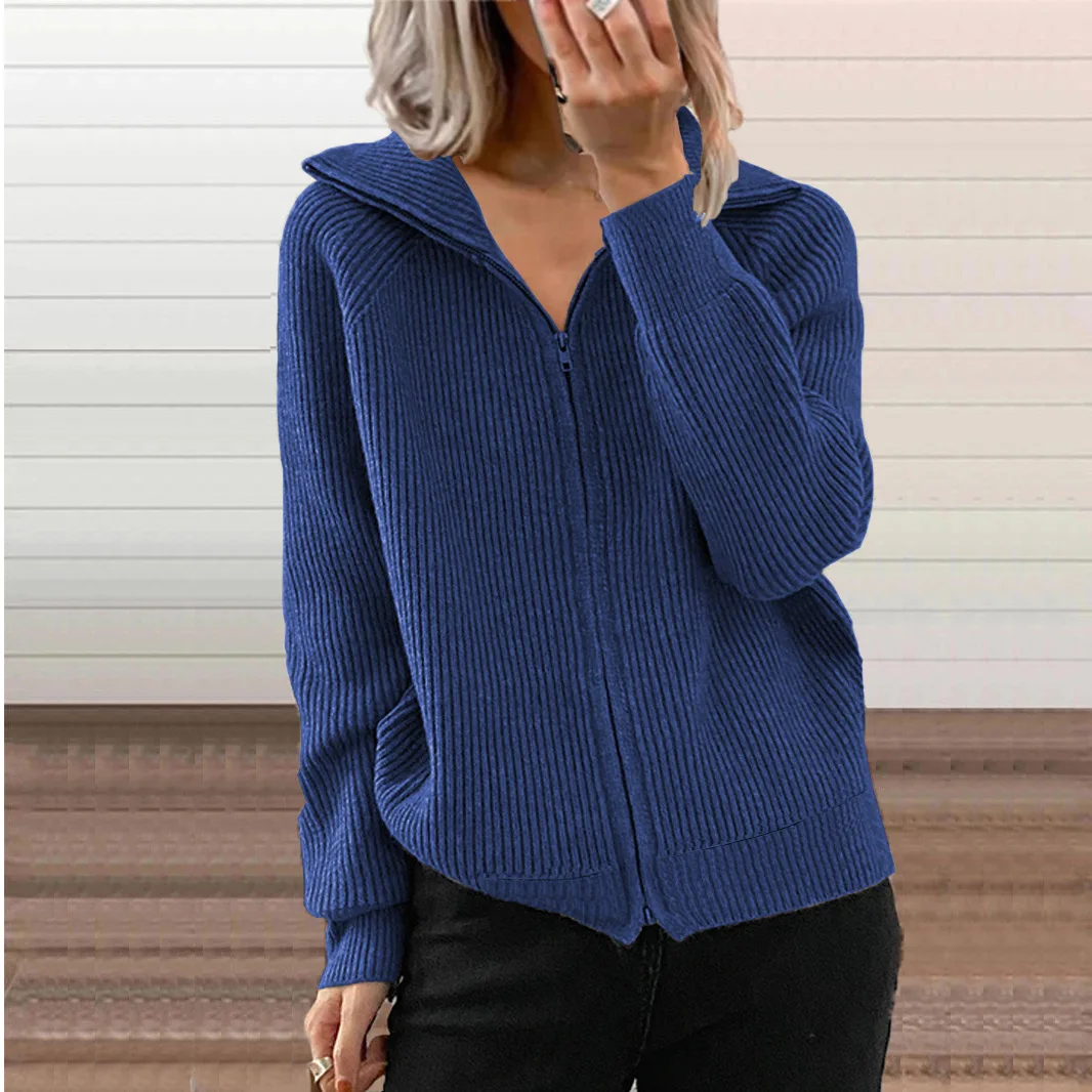 

Winter Zipper Knitted Sweater Cardigan Women Autumn Stand-Up Collar Loose Cable Solid Jacket Female Party Tops
