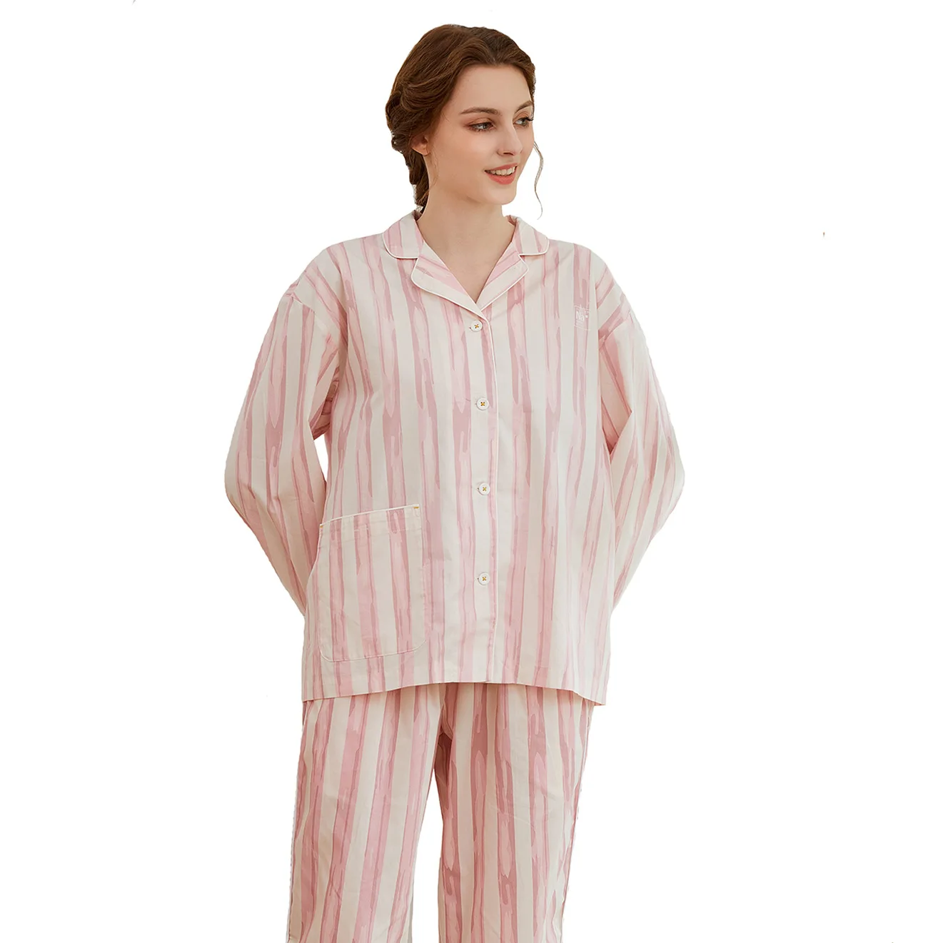 100% Cotton Pajamas for Couples, Men's and Women's Striped Long Sleeves Sleepwear, Homewear Can Be Worn Outside in Spring/Autumn