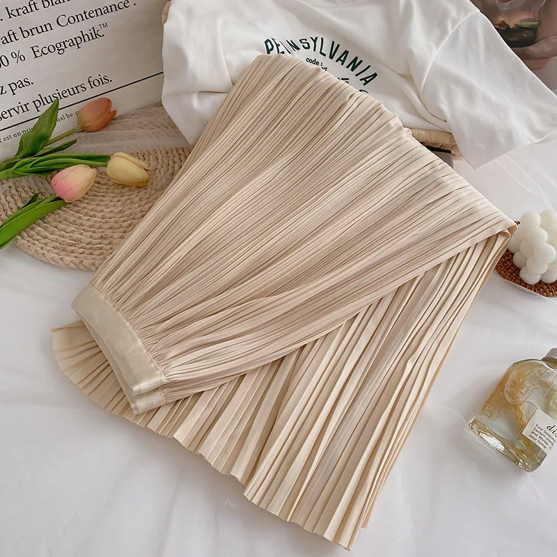 

Spring Ladies Solid Color Elegant Skirt Summer High Waist Green Long Skirt Womens Draped Commuter A-line Vintage Pleated Skirt
