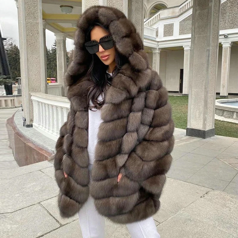 Hooded Sable Color Natural Fox Fur Coat Women Luxury Fashion Outertwear Warm High High Quality Real Fur Jacket Female 2023 New enlarge
