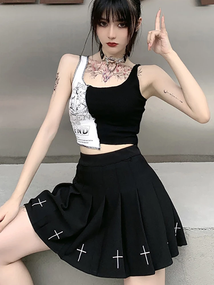 Goth Dark Punk Style Patchwork Tank Tops Aesthetic Letter And Graphic Print Women Crop Top Color Blocking Sleeveless Streetwear