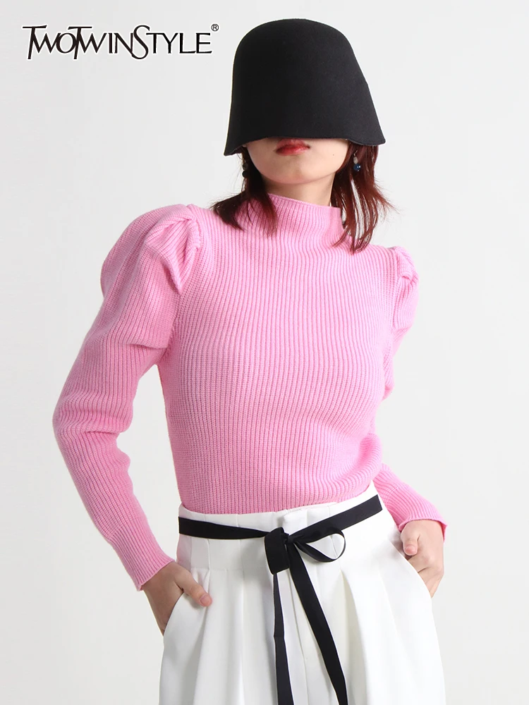 

TWOTWINSTYLE вязаный свитер для женщин, круглый вырез, рукав-фонарик, тонкий пуловер, Однотонный свитер, женская модная одежда, новинка 2022