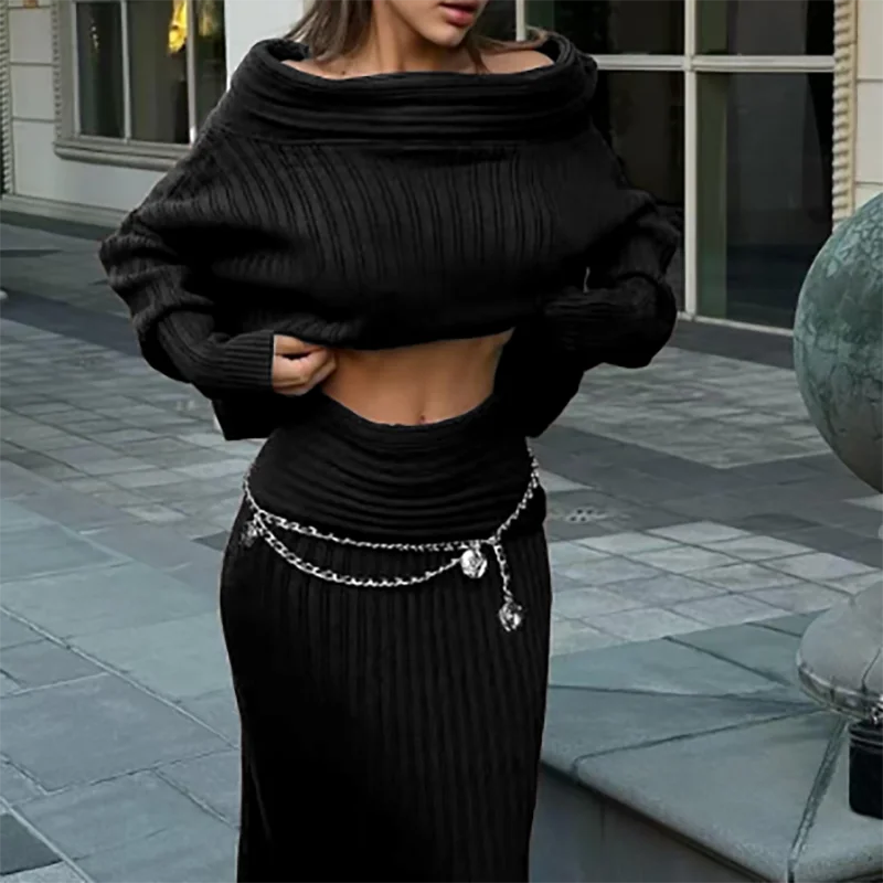 Fashion Slim Winter Outfit Chic Women Long Sleeve One Shoulder Jumpers&ampLong Skirts Sets Elegant Solid 2Pcs Party Knitted Suit
