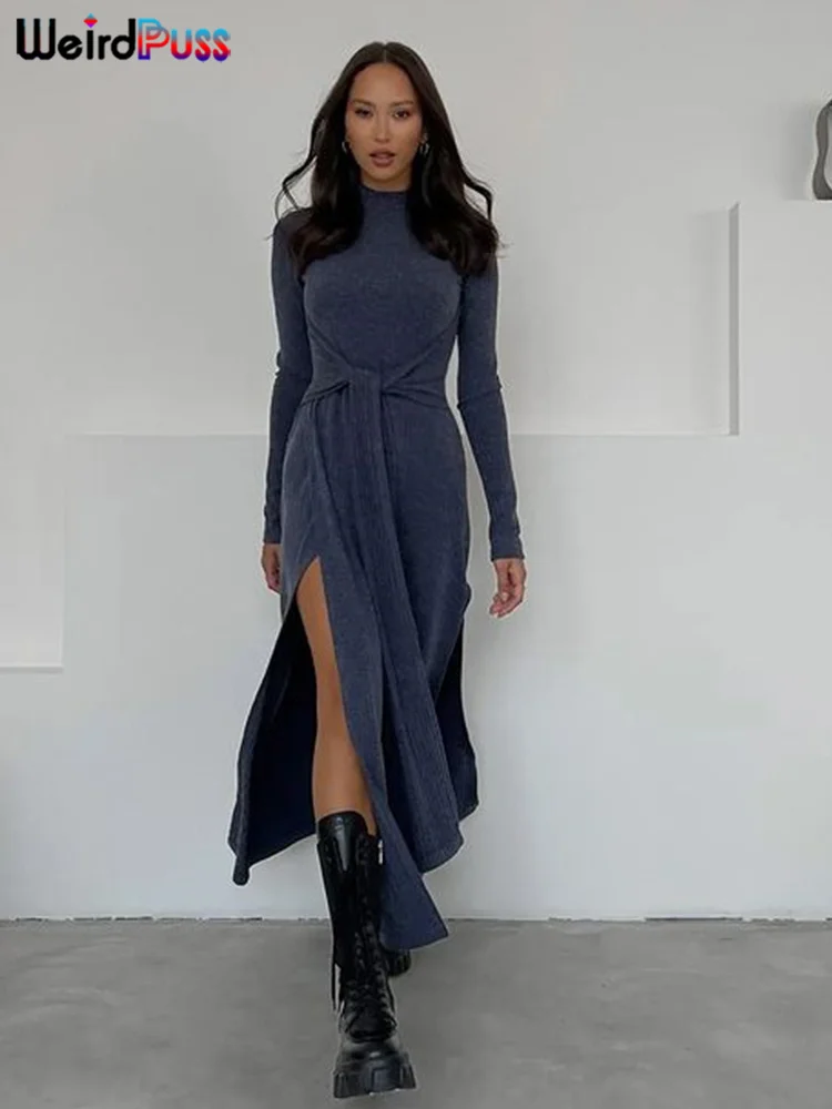 

Weird Puss Ribbon Split Women Elegant Dress Cross Long Sleeve O-Neck Skinny Stretch Solid Vestidos Trend Street Casual Bodycon