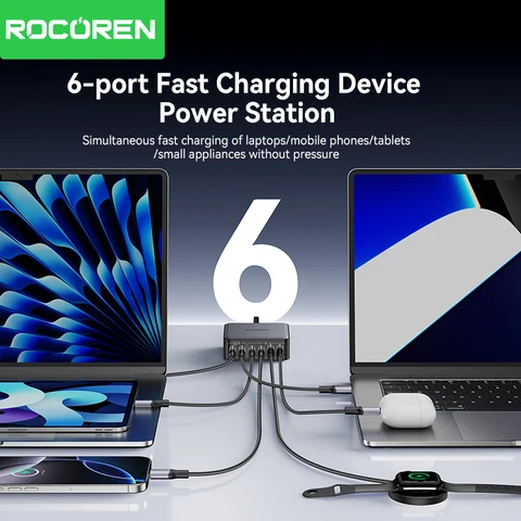 Зарядное Устройство Rocoren GaN 200 Вт PD Быстрое Зарядное Устройство USB Type C 270 Вт USBC-станция 6-в-1 Для iPhone 16/15 P...