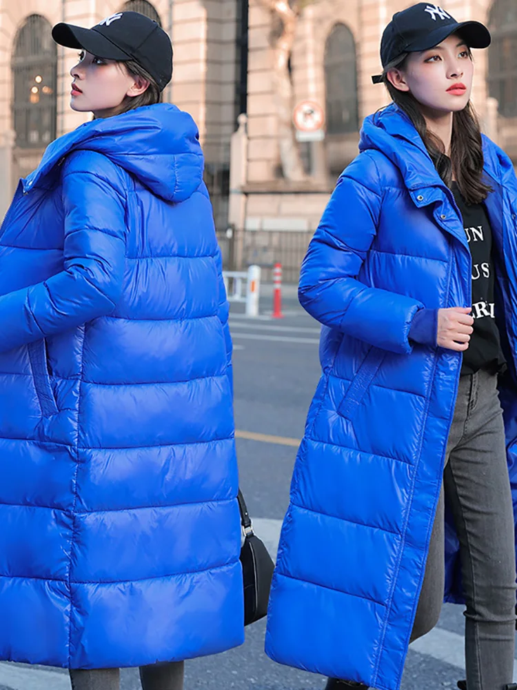 Black Glossy Parka Coat Women's 2023 Fashion Thicken Winter Hooded Loose Long Jacket Female Windproof Rainproof Warm Outwear