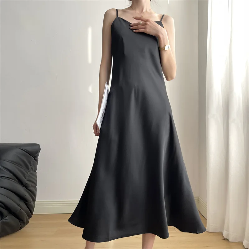 Женское атласное платье на бретелях-спагетти Элегантное Длинное Платье в стиле