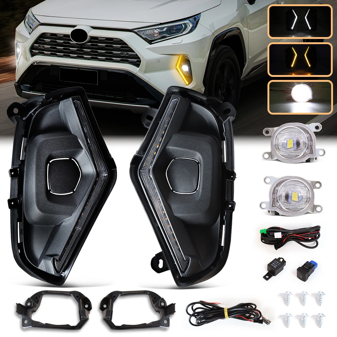 Фото Для Toyota RAV4 2019-2025 комплект светодиодных противотуманных фар DRL белые дневные ходовые огни с янтарным указателем поворота анимация запуск противотуманных фар №1