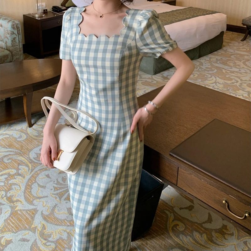 

Women Summer Dress Square Collar French Style Plaid Short Puff Sleeve Holiday Casual Female Dresses
