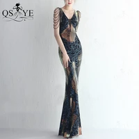 unique pattern lace navy evening dress sequin mermaid prom gown beading straps cap sleeves appliques v neck formal party gown
