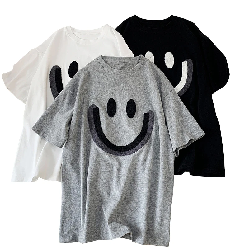 

Harajuku Cute Smiley Embroidered Black Women T-Shirt Y2k Korean Chic Grey Short Sleeve Loose Casual Summer O Neck Pullover Tops