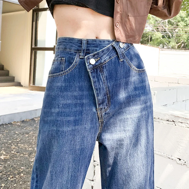 Autumn New Loose and Thin Mopping Pants Cross Irregular Waist Design All-match High Waist Wide Leg Denim Trousers Women Y2K