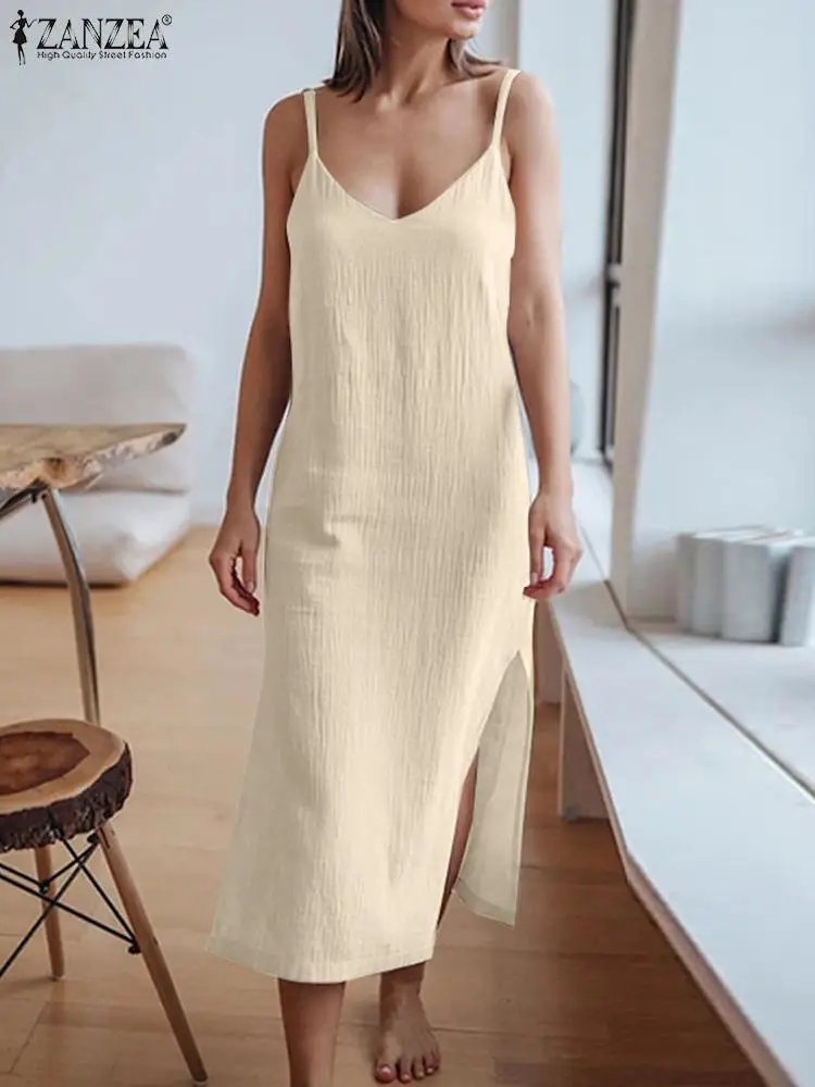 

Лето 2023, элегантный сарафан ZANZEA на бретелях-спагетти с V-образным вырезом, модное женское пляжное однотонное платье с разрезом на подоле, платье, праздничное платье миди
