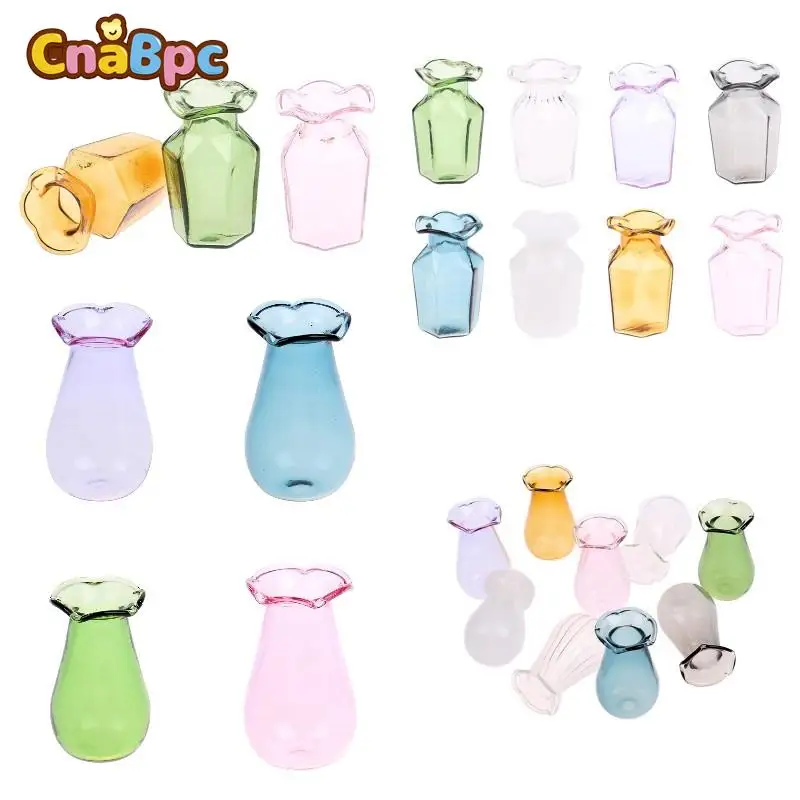 

1/12 Dollhouse Miniature Flowerpot Vase Food Play DIY Glass Bottle Storage Jar Tiny Vial Dollhouse Scene Model Multiple Colors