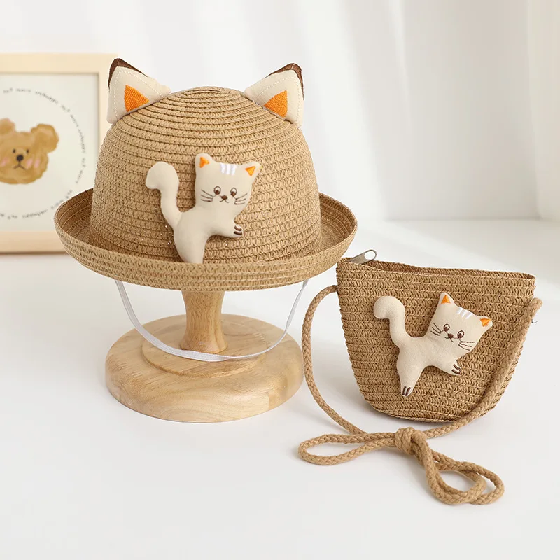 

New Children Panama Fisherman Hat Kids Summer Baby Straw Hats Boys Girls Cartoon Baby Bucket Hats Stereoscopic Cat Straw Cap Kit