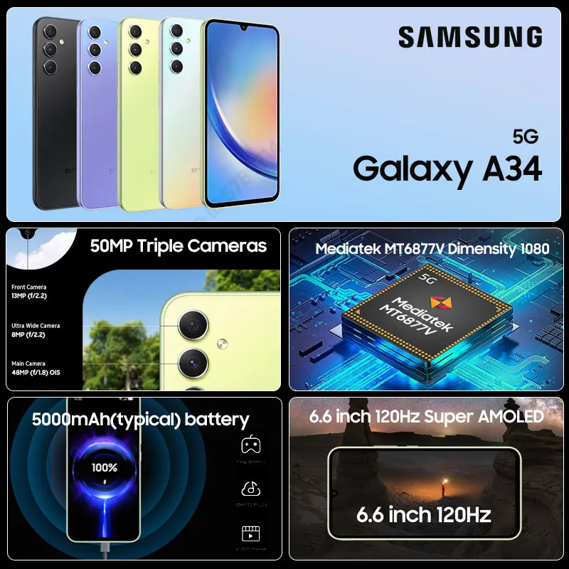 Original Samsung Galaxy A34 5G Android 13 MTK Dimensity 1080 6.6