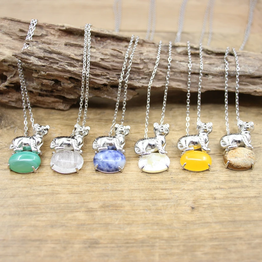 

Healing Crystal Cute Tiger Necklaces,Natural Stone Shell Lapis Obsidian Howlite Malachite Cabochon Pendant Women Jewelry,QC3249