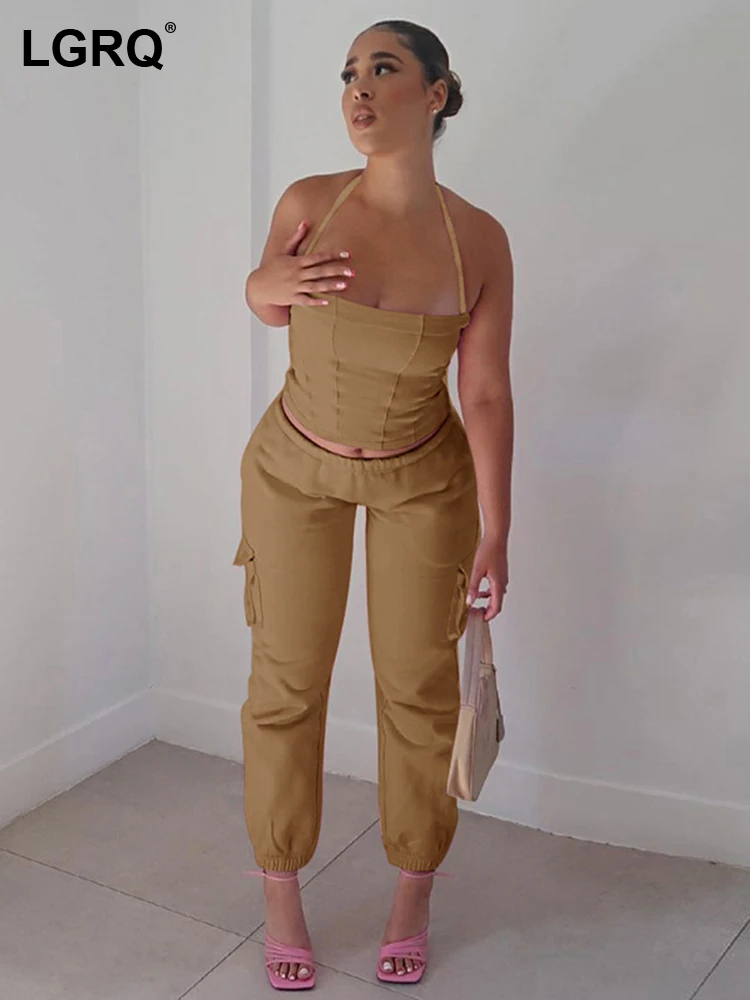 

LGRQ 2023 Autumn New Fashion Women's 2 Pcs Set Solid Strapless Sleeveless Vests High Waist Straight Pants Female Tide 19J1910