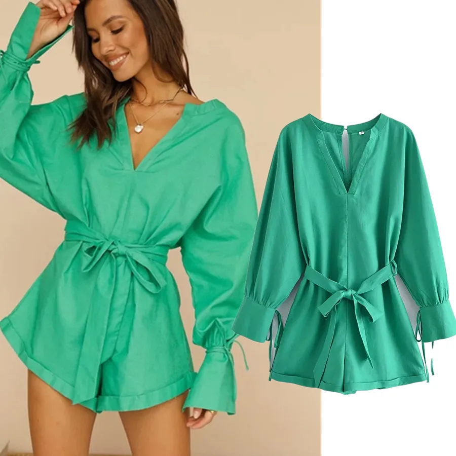 

Elmsk 2022 Summer Beach Paysuits Women Ins Fashion Blogger Retro Linen V-neck Loose Sashes Sexy Playsuits Women