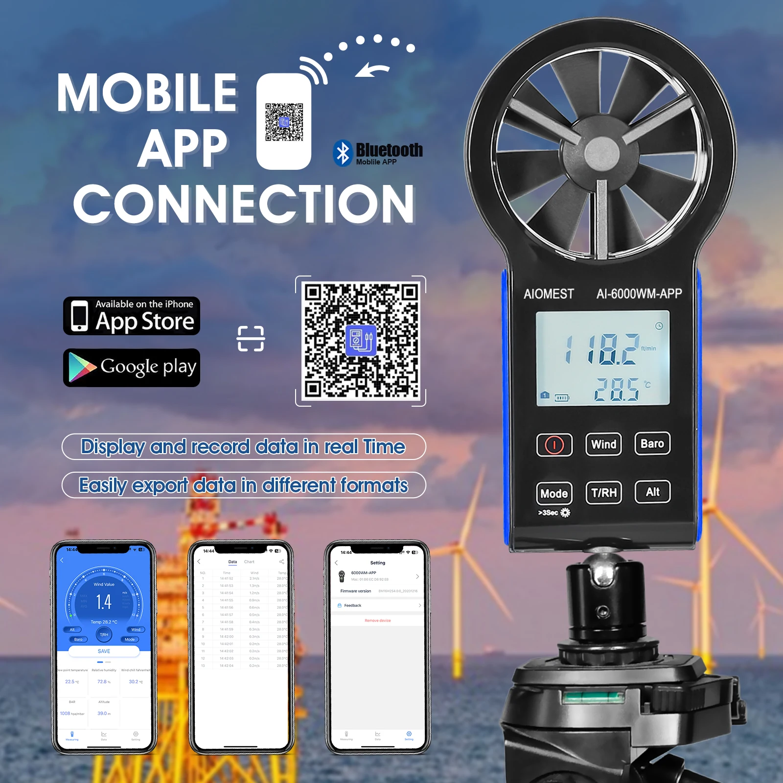 Фото Bluetooth-анемометр 7-в-1: измеритель давления воздуха, температуры, влажности, точки росы, ветрового охлаждения, высотомер, с подключением к приложению, для систем ОВКВ и дронов №4