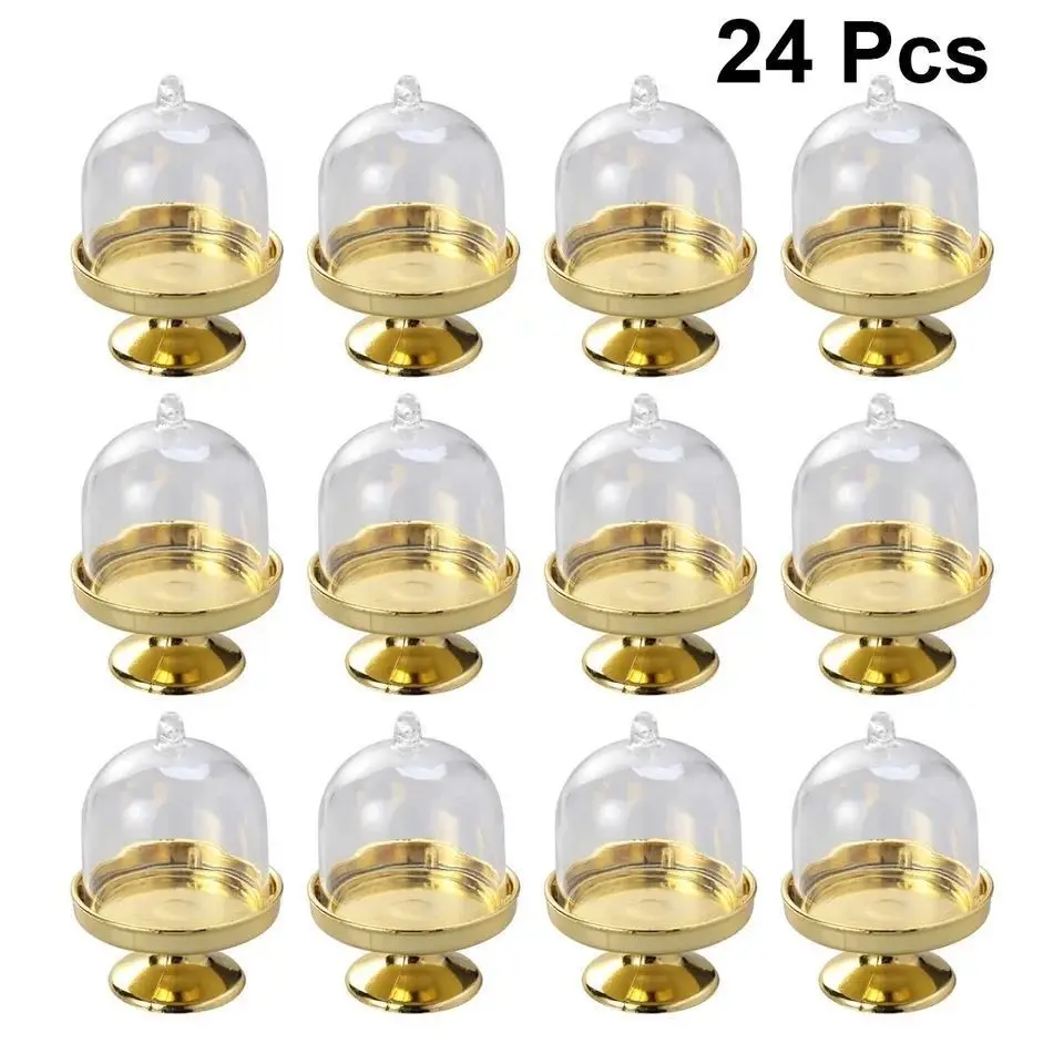 

24pcs/Lot Baby Shower Gifts First Birthday Party Favors Mini Cake Stand Cupcake Box Gold Clear Candy Box