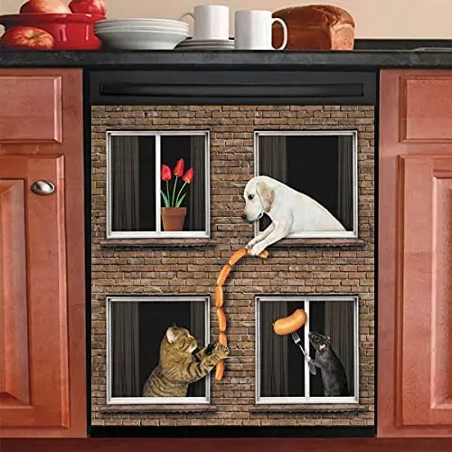

Homega House Dog Dishwasher Cover Kitchen Sticker,Cat Magnet Panels for Refrigerator,Mouse Fridge Magnetic Decals,Funny Animal V