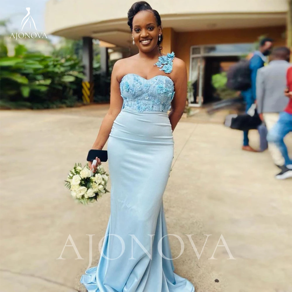 

Атласные платья небесно-голубого цвета для гостей, Свадебные Платья для подружек невесты на одно плечо, длинное свадебное платье для вечеринки, Платья для подружек невесты, свадьбы