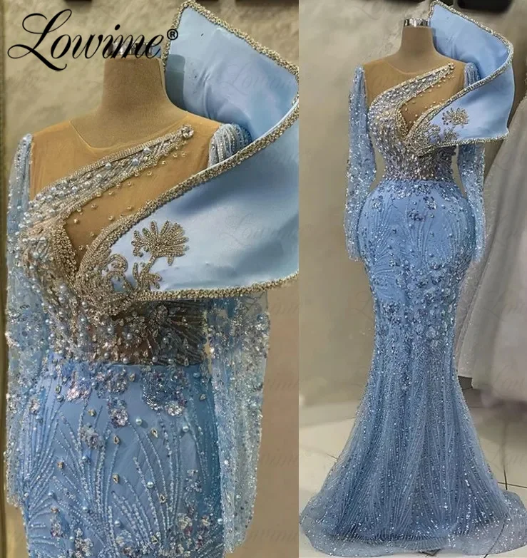 

Lowime Designer Beaded Crystals Long Evening Dress Celebrity Dresses 2023 Couture Arabic Prom Dress Party Gowns Robes De Soiree