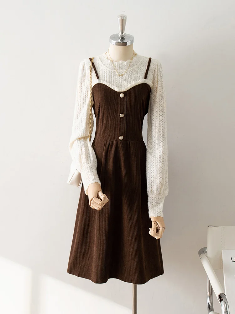 Вельветовое цельное платье из двух частей с длинными рукавами. Женская одежда.