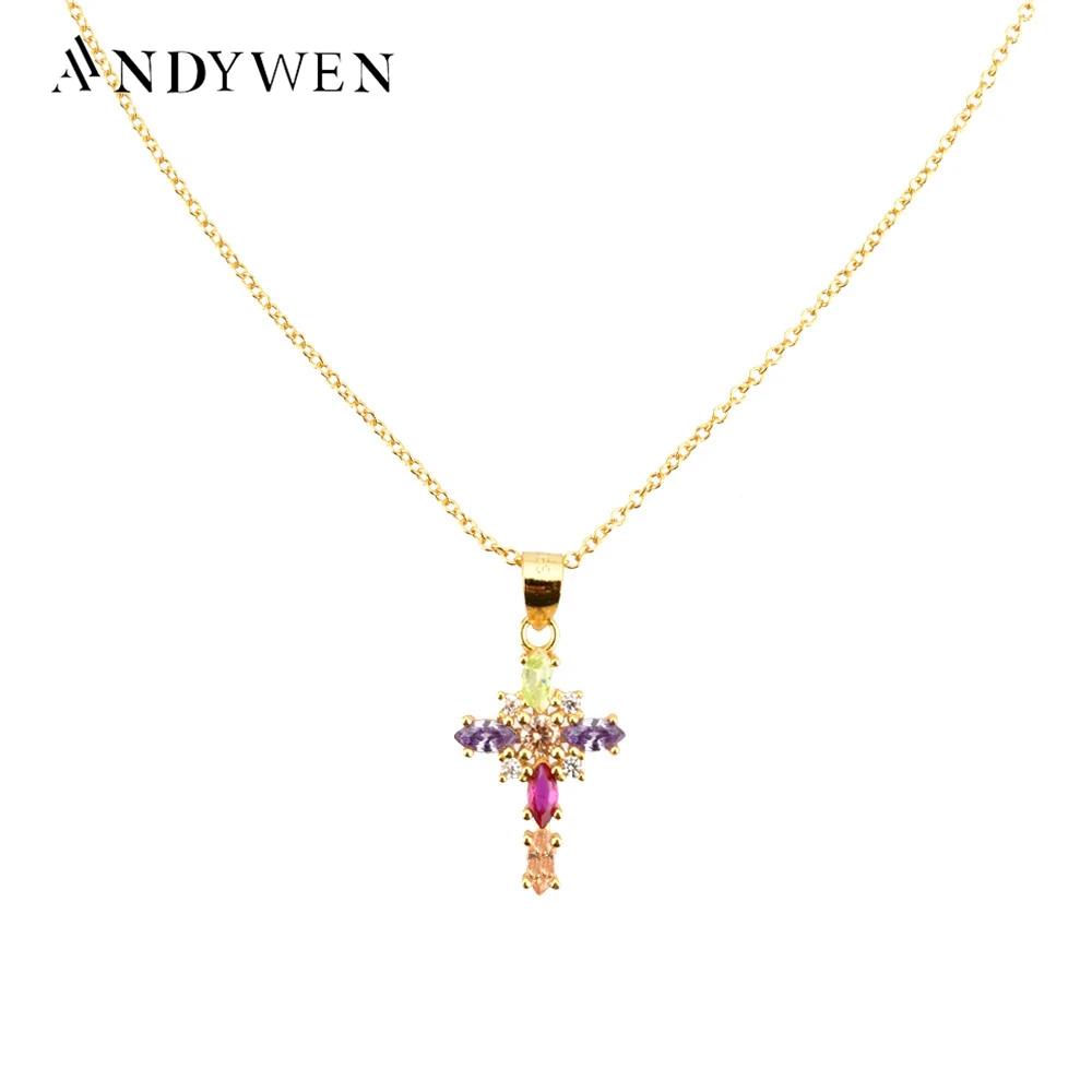 ANDYWEN-Colgante de Plata de Ley 925 con forma de cruz, collar de cadena larga con óvalo de circonia cúbica y arcoíris dorados, joyería fina de cristal 2021, accesorios de lujo