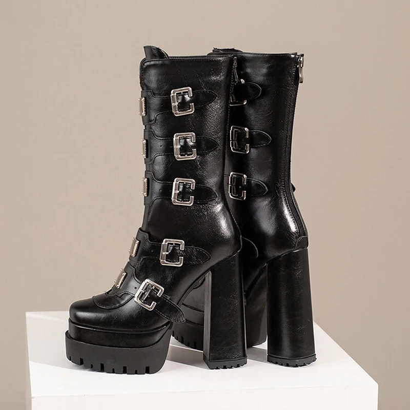 New Metal Buckles Styles Women Knee High Boots High Platform Thick Bottom Shoes Punk Cool Design Woman Booties