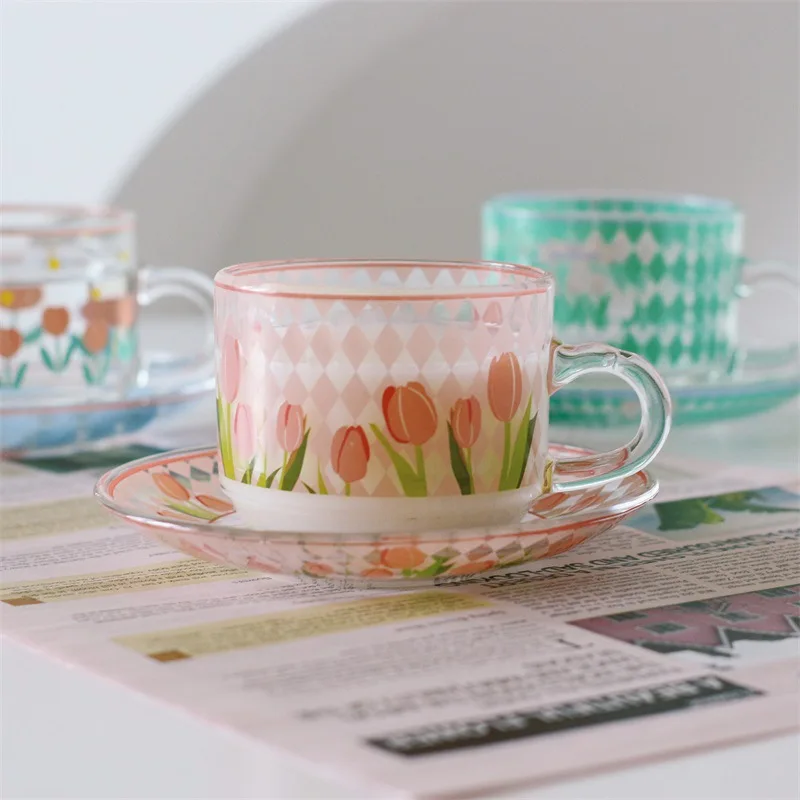 

Cute Pink Tulip Pattern Glass Cup Teacup Household Coffee Mug Office Juice Water Cup Heat Resistant Party Couple Breakfast Mugs