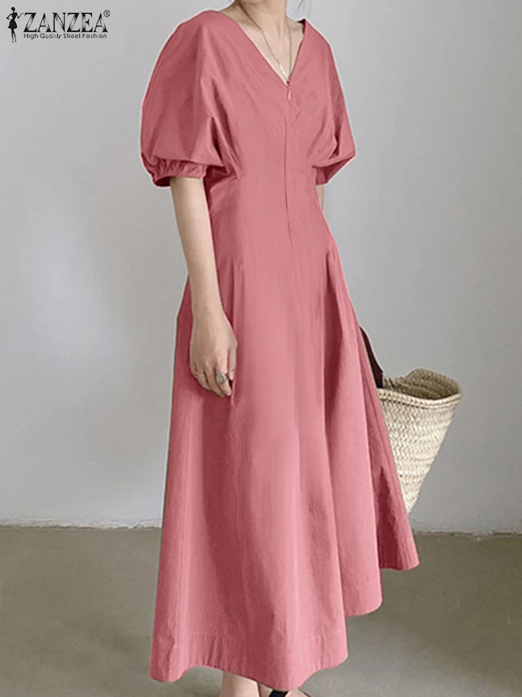 

Casual Office Lady Vestidos 2022 Summer Holiday Waist Maxi Sundress Women's Elegant V Neck Robe Femme ZANZEA Fashion Solid Dress